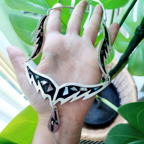 Vintage Mexican Alpaca Silver Abalone Shell Ornate Bib Necklace - Picture 6 of 16